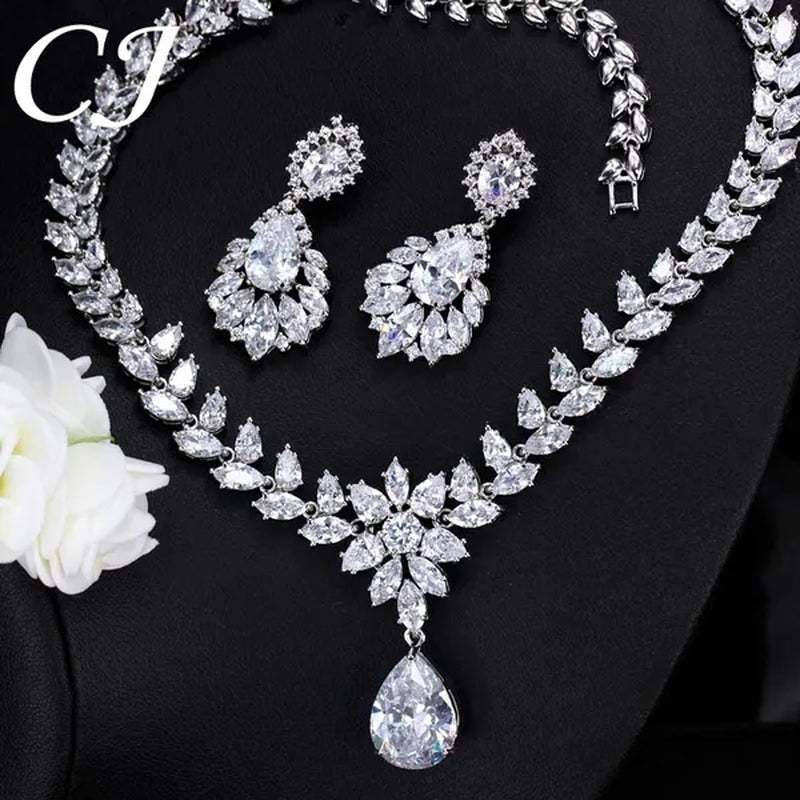 CANDICE Hand-Inlay Sparkling AAA+ CZ Stone Luxury Wedding Bridal Jewelry Set Classic Platinum Plated Water Drop Pendant Necklace Earrings for Women Party