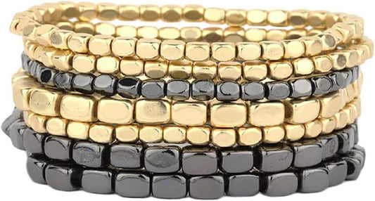 Women'S Fashion Jewelry Statement Gold & Silver Stretch Layering Beaded Bracelets - Chunky Nugget Multi Strand Thick Wrist Bangles - Set of 7