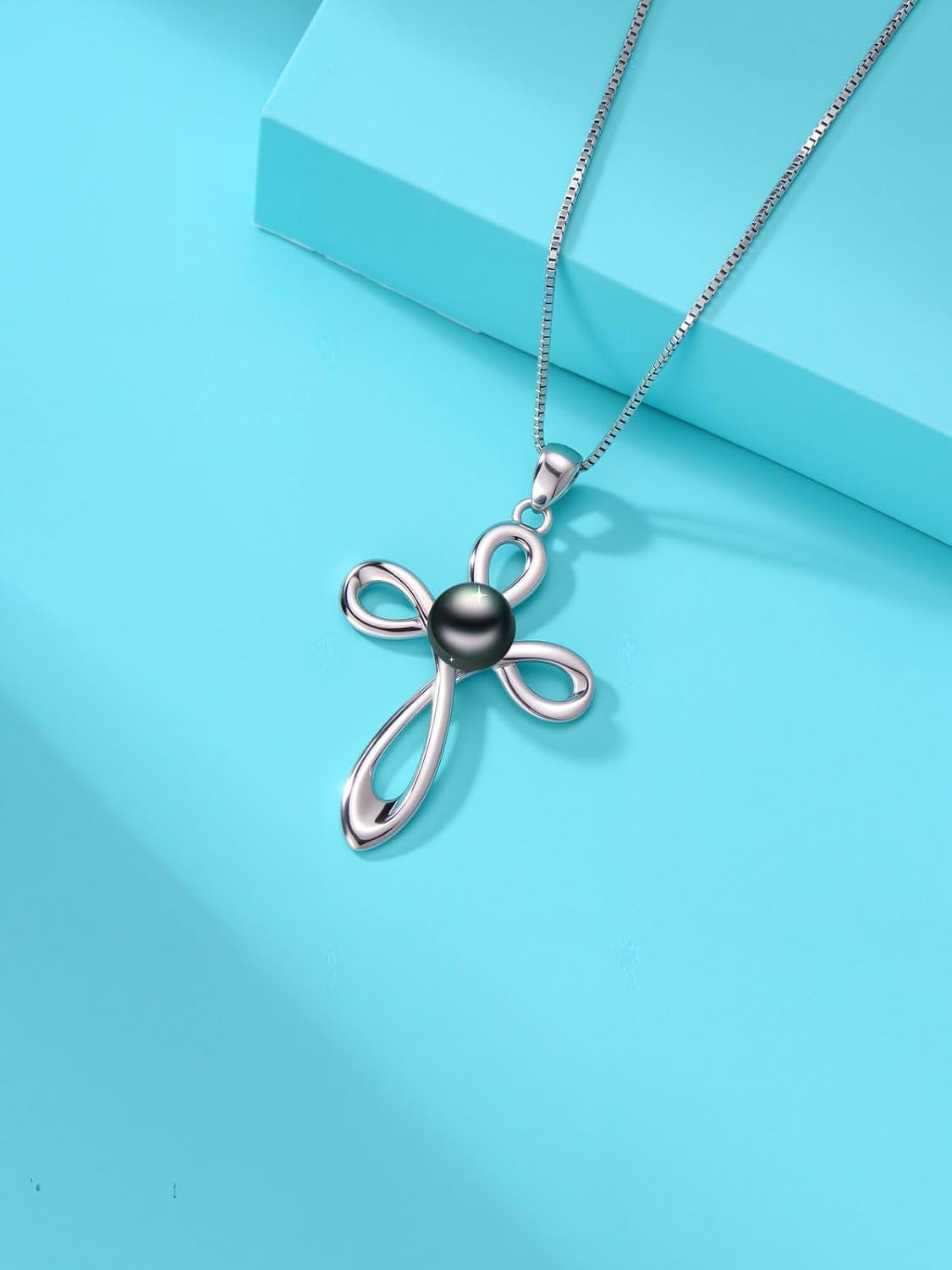 Tahitian Black Pearl AAAA 18K White Gold Plated Sterling Silver Religious Cross Pendant Necklace for Women Wife Mom Girlfriend Her Jewelry Gift for Anniversary Birthday