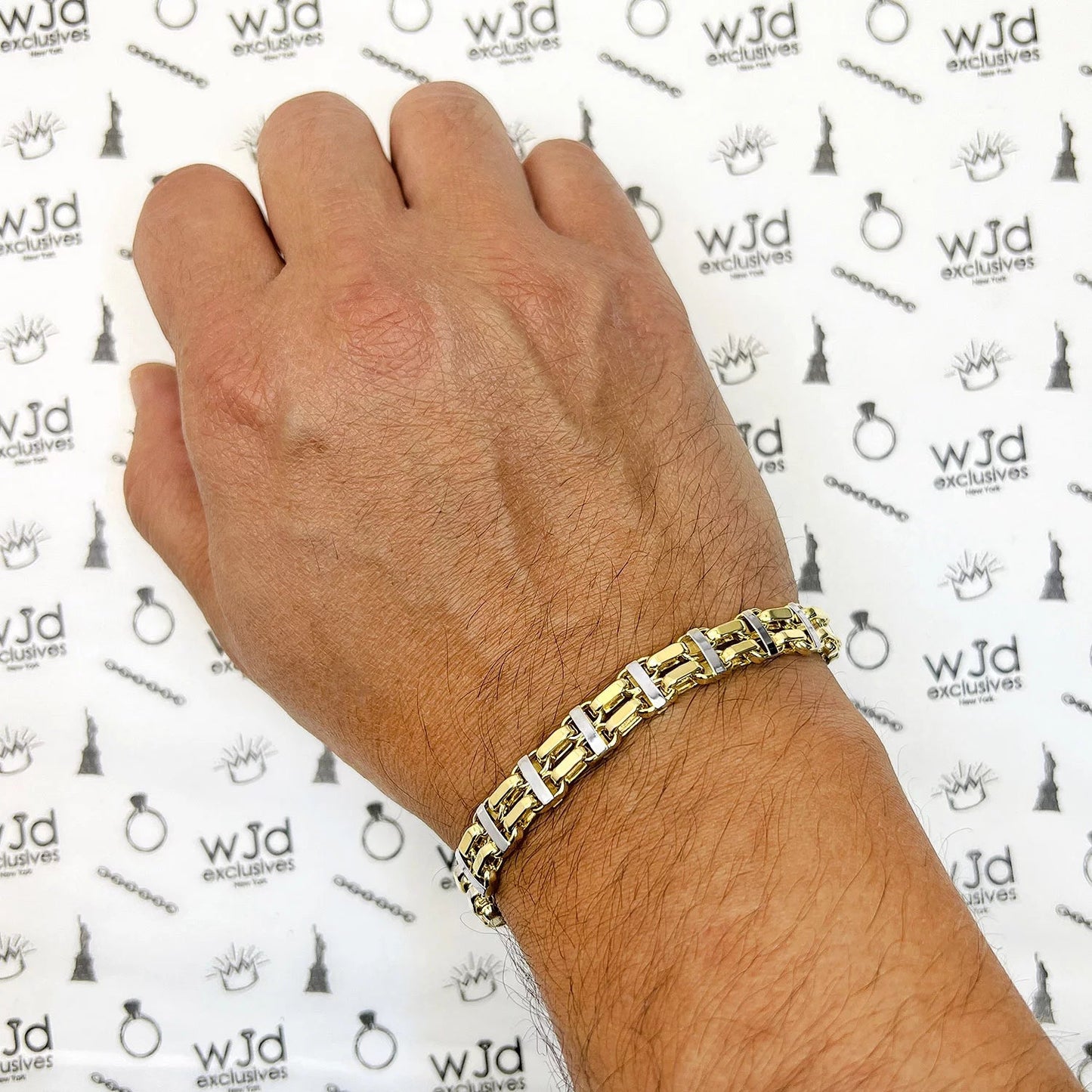 14K Two-Tone Yellow White Gold 8.5Mm Hollow Bike Double Rolo Bracelet 8.5"