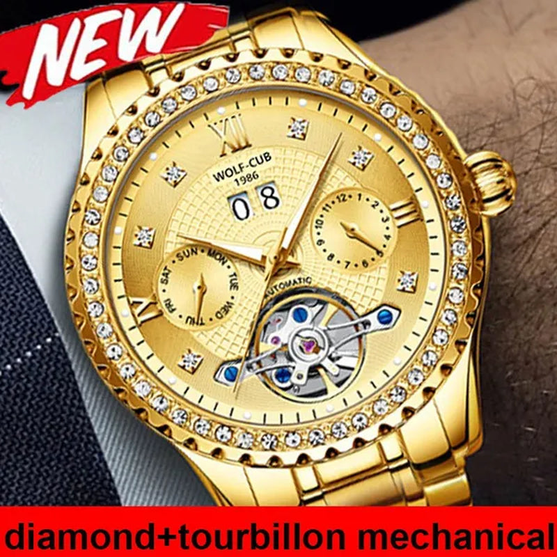 WOLF-CUB New Men Luxury Diamond Watch Full Gold Watch Tourbillon Mechanical Watch Automatic Watch Stainless Steel Waterproof Luminous Relogio Masculinos