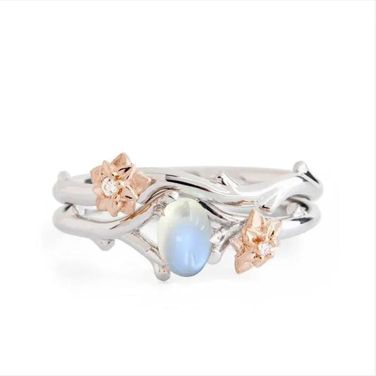 Delicate Women'S Fashion Two Tone Twig and Rose Gold Flowers Moonstone Ring Set Anniversary Gift Engagement Bridal Wedding Jewelry Rings Size 5-10