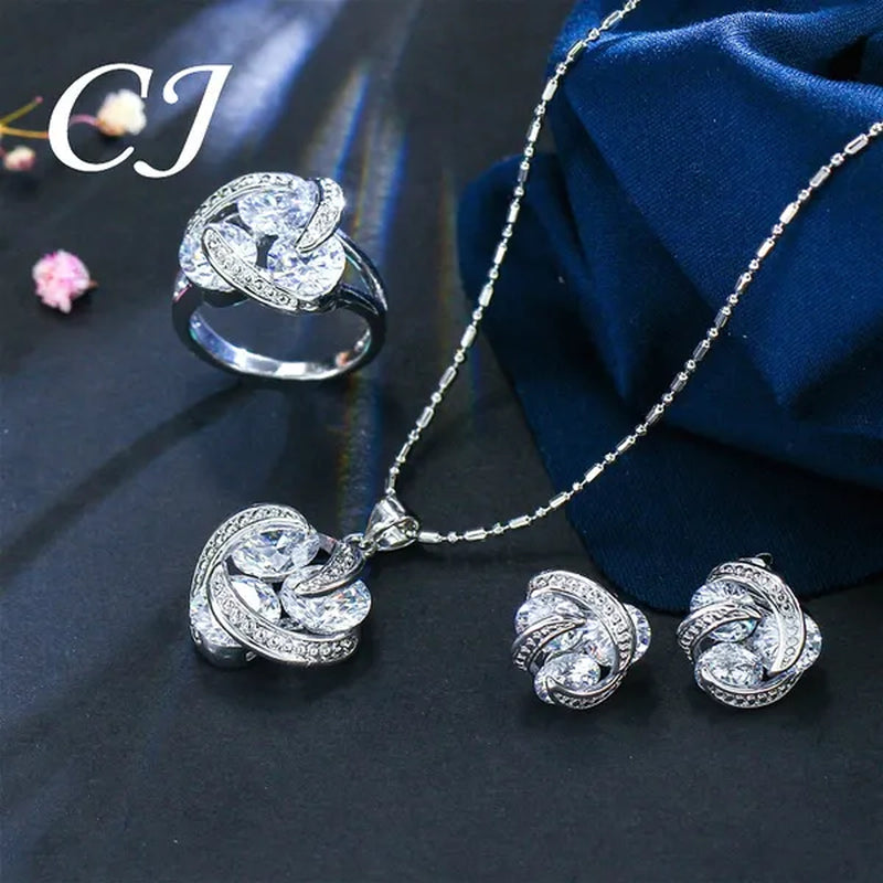 CANDICE Korean Fashion Sterling Silver Plated Women Elegant Pendant Necklace Earrings and Ring Sets Inlay Pure AAA Cubic Zirconia Knot Jewelry Set for Lady（US 6-9)