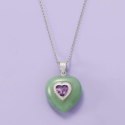 Jade and 1.50 Carat Amethyst Heart Pendant Necklace in Sterling Silver