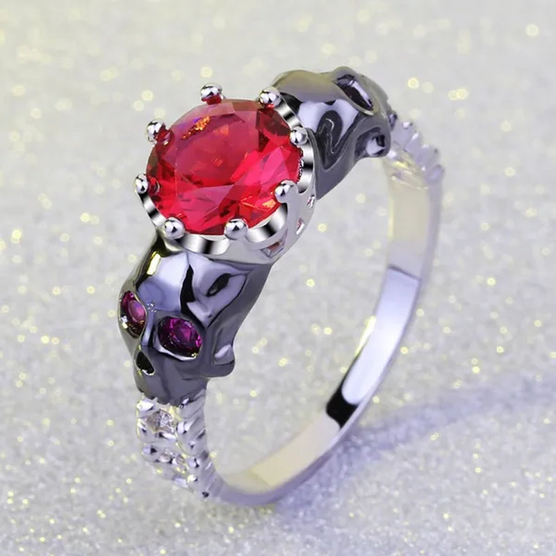 Punk Rose Red CZ Black Skull Head 925 Sterling Silver Ring for Women Girl Size 5-10