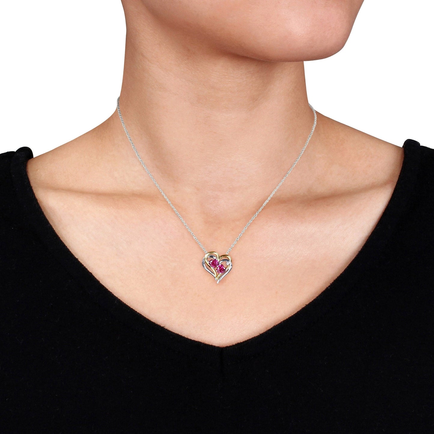 Women'S 1 1/6 Carat T.G.W. Heart-Cut Created Ruby & Round-Cut Diamond Accent T.W.-Tone Silver Double Heart Pendant with Chain with Shared Prong Setting & Spring Ring Clasp (G-H-I, I3) - 18 In.