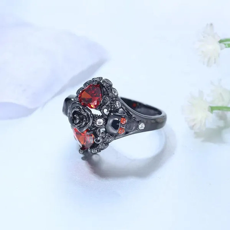 New Hip Hop Accessories Black Rose Skull Ring Female Fashion Personality Heart Red Zircon Skull Ring Creative Fashion Jewelry Punk Ring