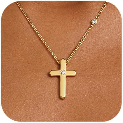 Cross Necklace for Women, Dainty Cute Small 18K Gold Plated Cross Necklace, Trendy Charm Stainless Steel Cubic Zirconia Cross Necklace, Gold Jewelry Gifts for Women(Valentines Day Gifts for Her)