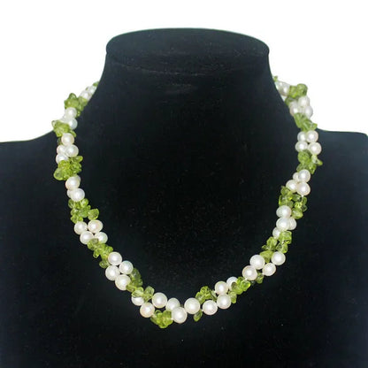 Handmade Beautiful 2Strands Blue Green Stone Peridot 7-8Mm White Freshwater Cultured Pearl Necklace Long 43-45Cm