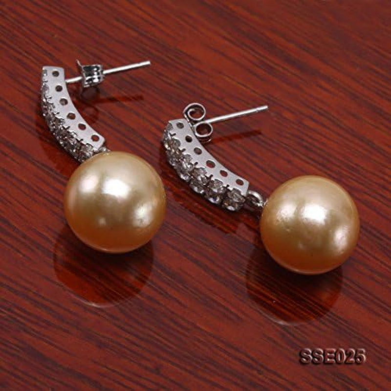 Classic Drop Earrings AAA Quality Gorgeous Genuine 12.2Mm round Golden South Sea Cultured Pearl Dangle Earrings for Women