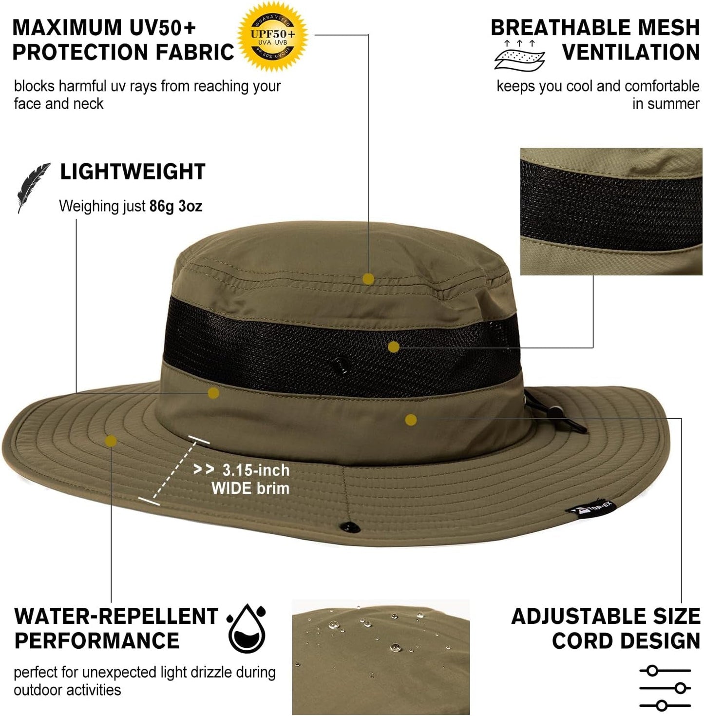 Oversized XL XXL Mens Golf Bucket Sun Hats Big Head Boonie Safari Wide Brim Waterproof UPF50+ Fishing