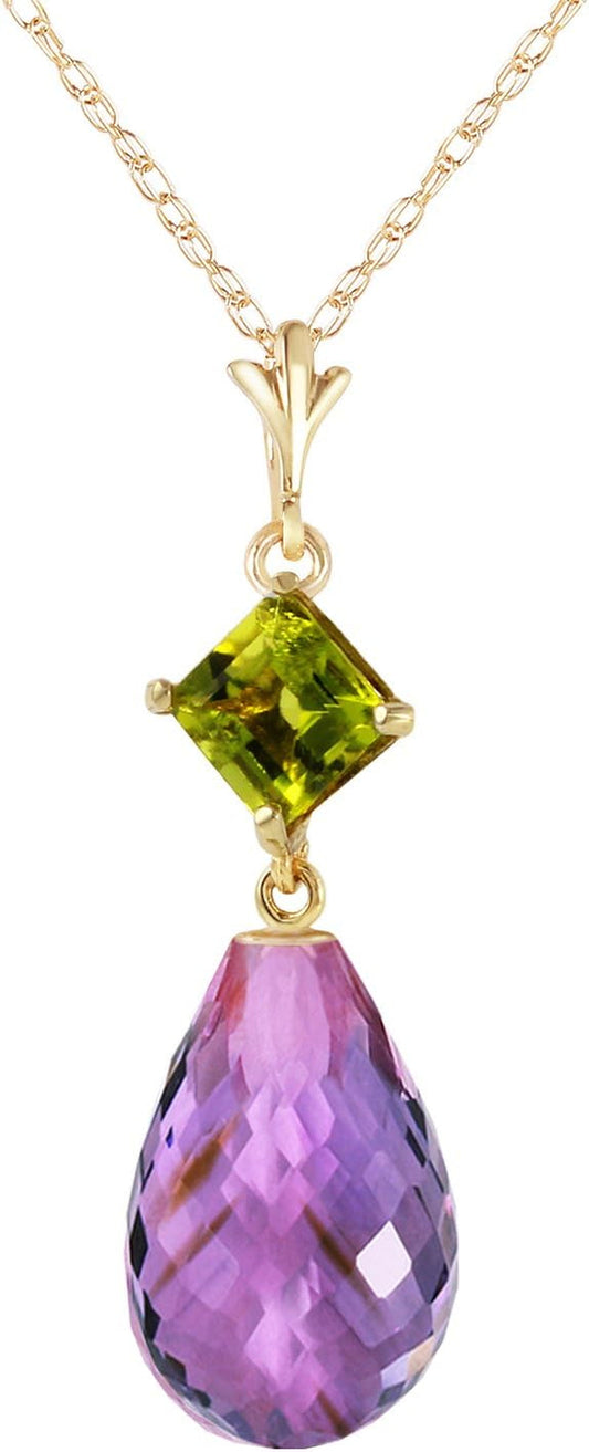 5.5 Carat 14K Solid Gold Necklace with Natural Peridot and Natural Amethyst Pendant