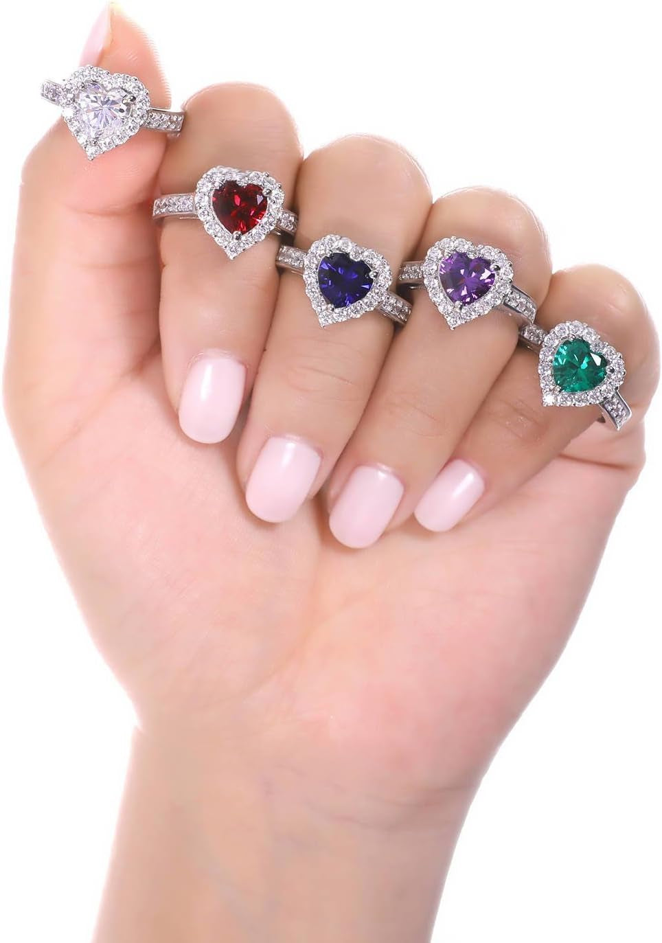 Sterling Silver Halo Wedding Engagement Rings Simulated Ruby Cubic Zirconia CZ Heart Cocktail Ring for Women, Rhodium Plated Size 4-10