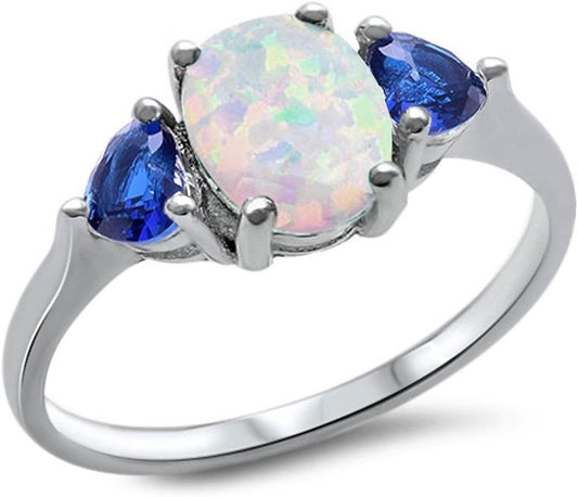 Sterling Silver Oval Lab Created White Opal & Blue Simulated Sapphire Heart Ring Sizes 9
