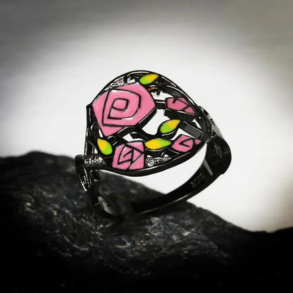 Fashion Personality Black Rose Lady Flower Ring 925 Silver Jewelry Hand-Painted Oil Painting Handmade Enamel Ring Women Jewelry