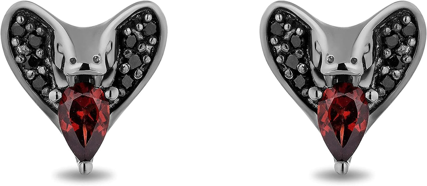 Enchanted Disney Fine Jewelry Black Rhodium over Sterling Silver 5X3 MM Pear Red Garnet and 1/8 Cttw Treated Black round Diamond Jafar Stud Earrings