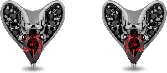 Enchanted Disney Fine Jewelry Black Rhodium over Sterling Silver 5X3 MM Pear Red Garnet and 1/8 Cttw Treated Black round Diamond Jafar Stud Earrings
