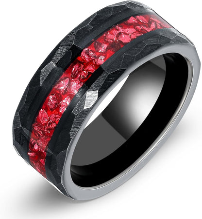 8Mm Black Gold or Rose Gold Plated Tungsten Rings for Men - Eternity Pink/Green/Red Birthstone Mens Tungsten Wedding Bands with Gold Foil Leaf - Unique Gothic Daily Wear Promise Rings for Him