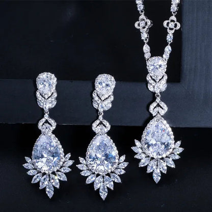 CANDICE White Gold Plated Marquise Cubic Zirconia Bridal Big Drop Earrings Necklace Set For Women Gorgeous Engagement Wedding Jewelry Sets