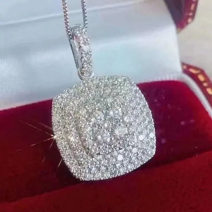 Delicate Pave Setting Diamond Square Pendant Necklace for Women Bridal Wedding Fashion Accessories