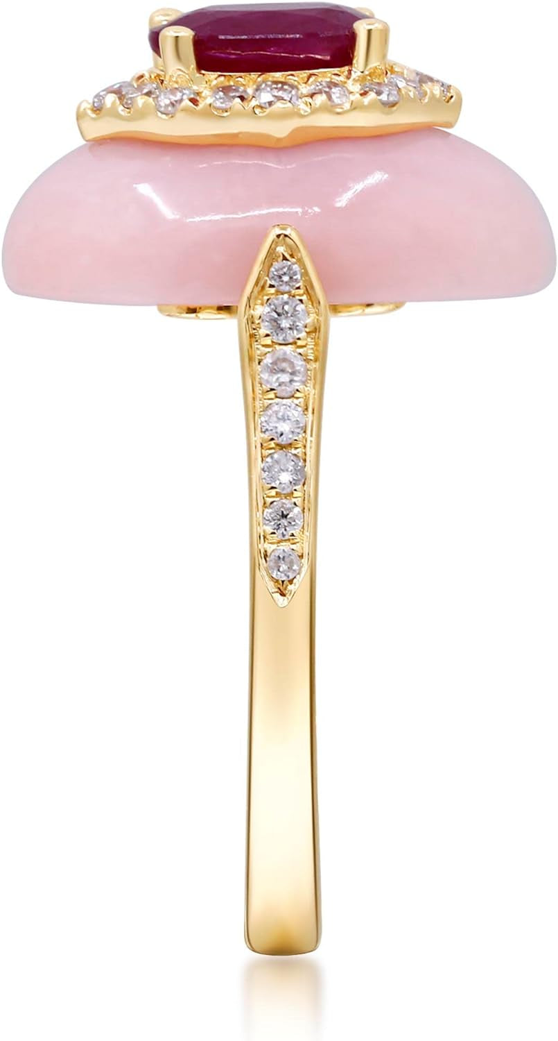 14K Yellow Gold Mozambique Genuine Ruby and Pink Opal Ring with Diamonds for Women | Ethically, Authentically & Organically Sourced (Oval-Cut) Shaped Ruby Hand-Crafted Jewelry for Her | Ruby Ring for Women