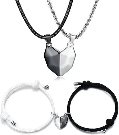 4Pcs/Set Two Souls One Heart Matching Necklaces Bracelets for Couples Creative Magnet Wishing Stone Necklaces Pandent Braided Rope Bracelets Mutual Attraction Friendship Couples Jewelry Gifts for Valentine'S Day