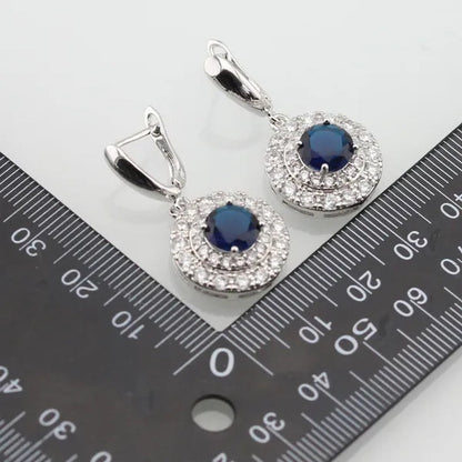 Blue White Topaz Silver Color Jewelry Sets for Women Engagement Necklace Pendant Bracelets Earrings Rings  Gift Box