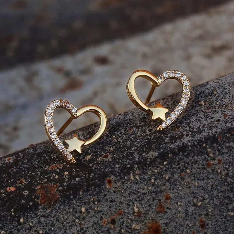 14K  Gold Love Heart Star White Zircon Stud Earrings for Women Wedding Engagement Bride Jewelry Gift