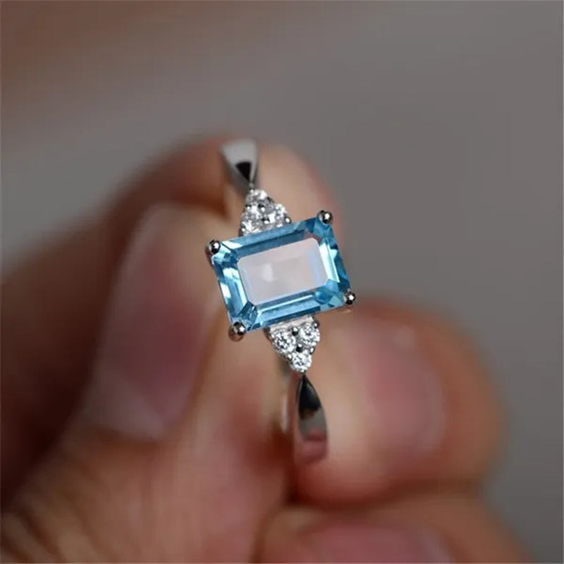 7*9mm Aquamarine/Sapphire 925 Sterling Silver Engagement Wedding Ring for Women Girl Size 6-10