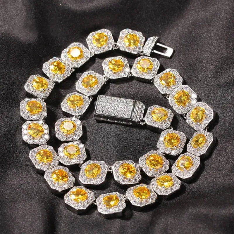 Hip-Hop Copper Inlaid Zircon Crystal Sugar Necklace Hipster Personality Pink Yellow Diamond Necklace for Men and Women with the Same Paragraph