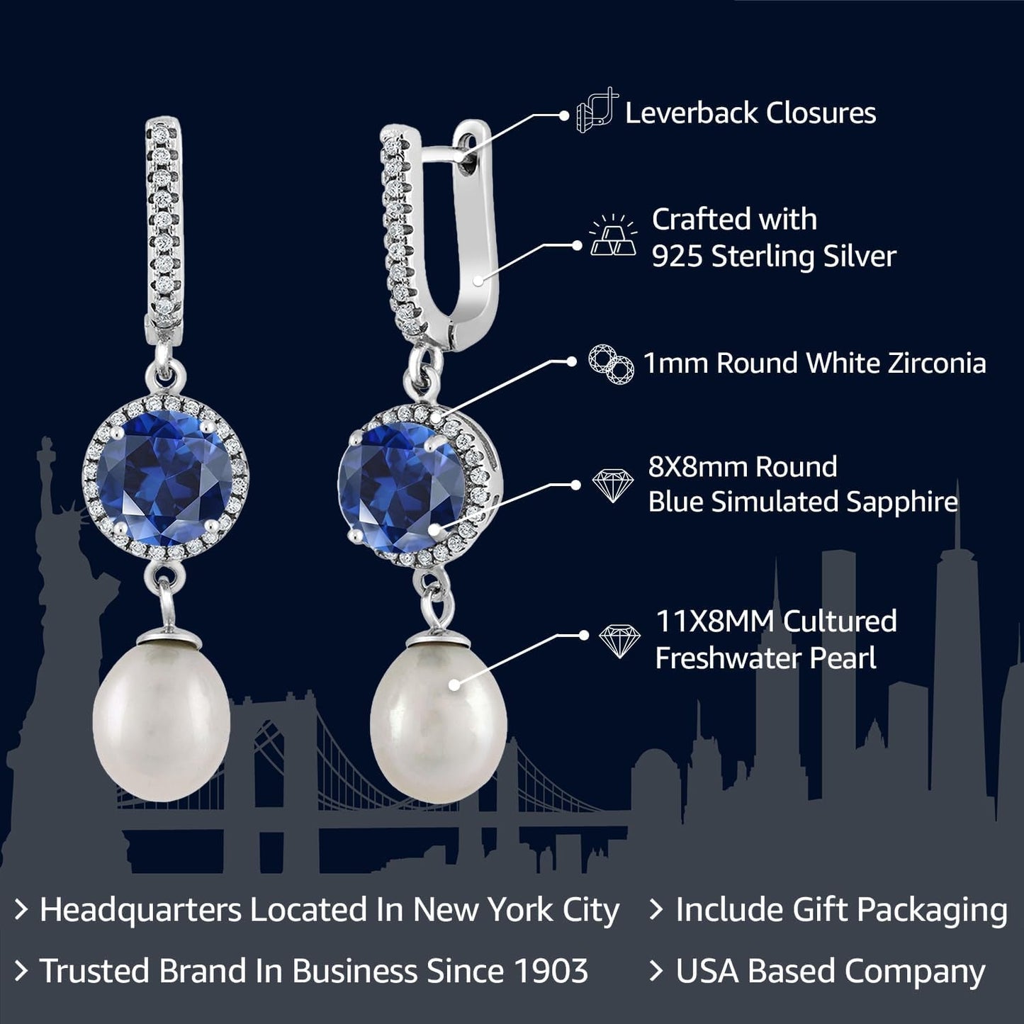 925 Sterling Silver round 8MM Gemstone Birthstone and 11X8MM Cultured Freshwater Pearl Drop Dangle Earrings for Women