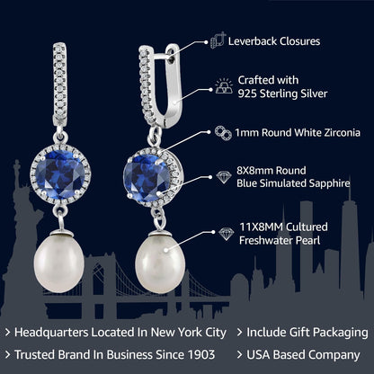 925 Sterling Silver round 8MM Gemstone Birthstone and 11X8MM Cultured Freshwater Pearl Drop Dangle Earrings for Women