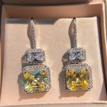 Square Citrine Pendant Silver Plated Lab Diamond Drop Dangle Earrings for Bridal Engagement Wedding Fashion Women Earrings Jewelry Gift