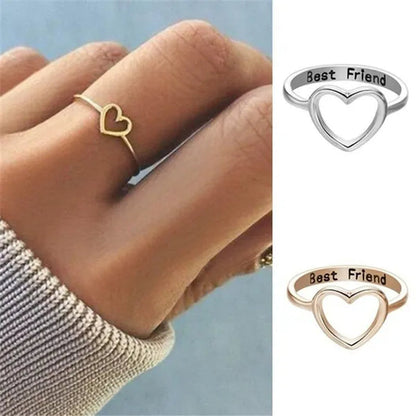 18K Gold Heart Shaped Hollow-Out Ring Silver/Rose Gold Letter Rings for Best Friend Sz 6-10
