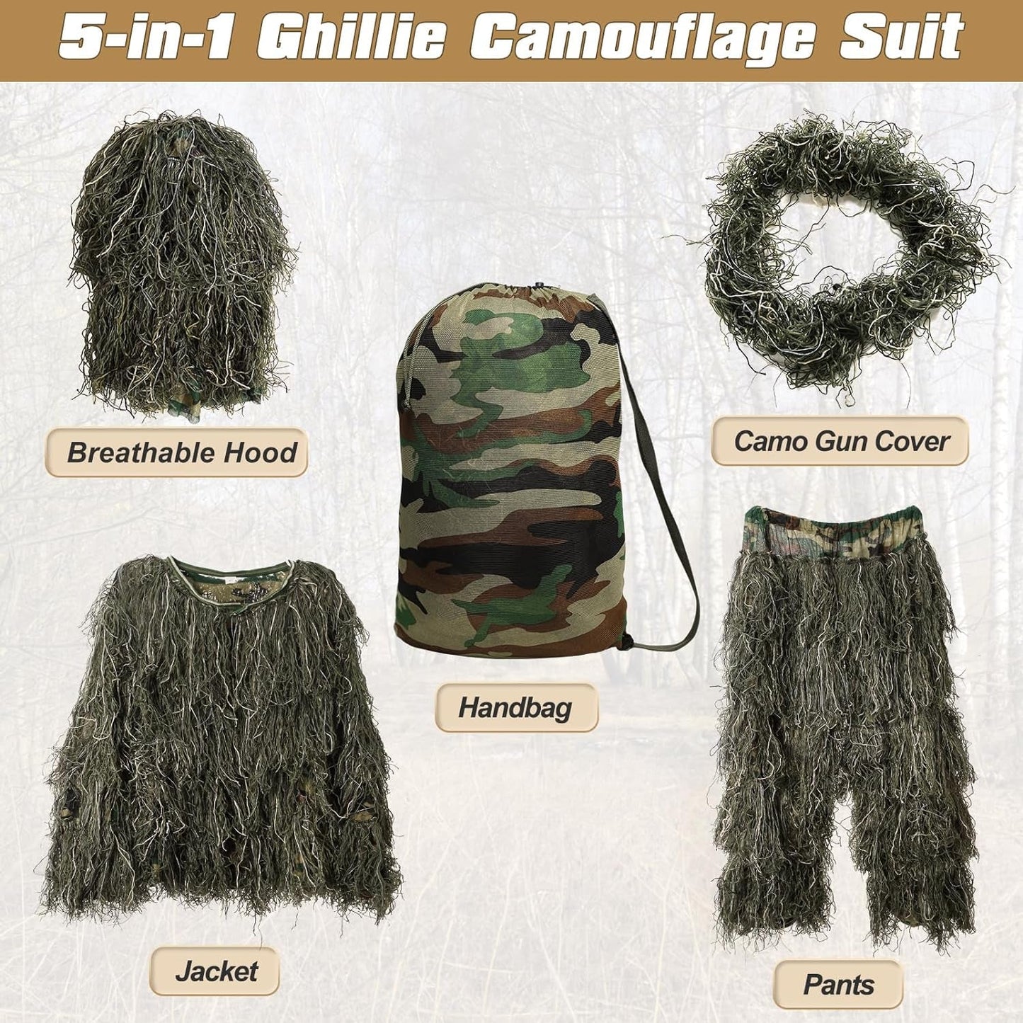 5 in 1 Ghillie Suit, 3D Camouflage Hunting Apparel W/Jacket, Pants, Hood, Carry Bag for Adults/Youth, S/M/L/XL/XXL
