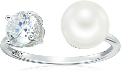 Platinum Plated Sterling Silver Infinite Elements Cubic Zirconia Freshwater Pearl Ring (Previously Amazon Collection)