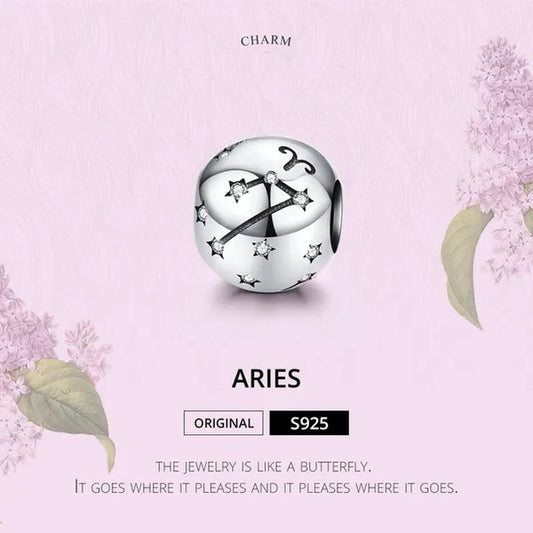 European Hot 12 Constellation Zodiac round 925 Sterling Silver Beads Charm for Women Bracelet Shining CZ Charm Fit Original Bangle Necklace DIY Jewelry Making