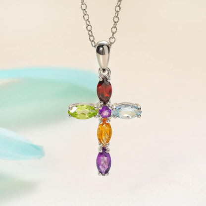 Womens Cross Pendant Necklace 925 Sterling Silver Natural Amethyst Peridot Turquoise Religious Necklace Jewelry