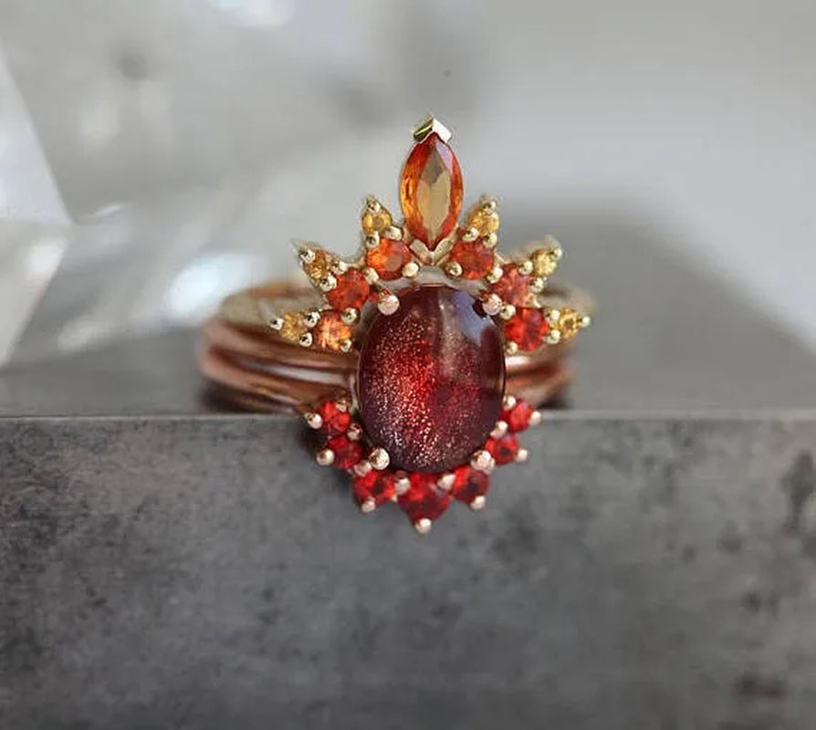 Bohemia Creative Rose Gold Stack with Diamond Gem Three-piece Ring for Women Ruby Crystal Ring Set Jewelry Gifts