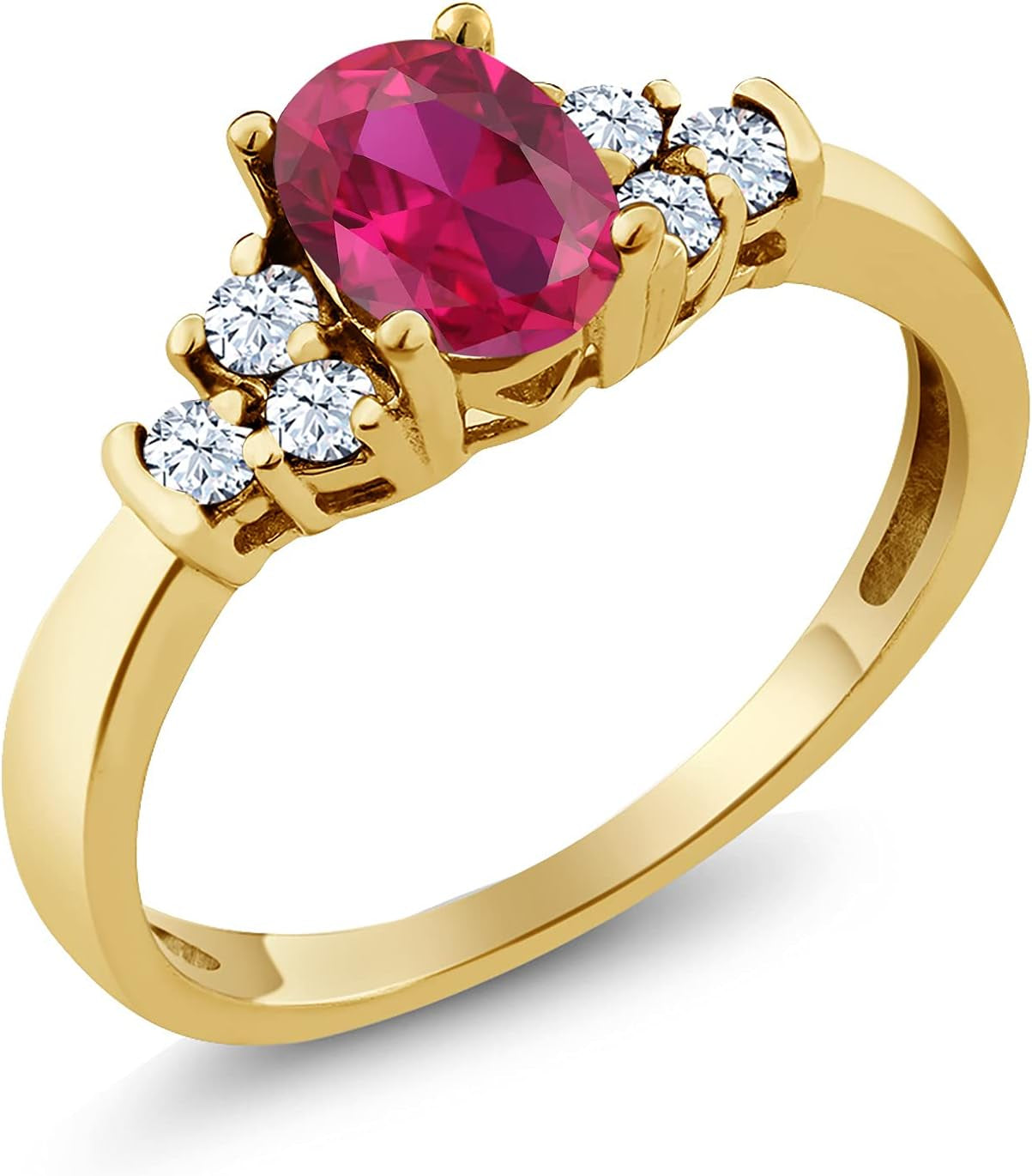 18K Yellow Gold Plated Silver Red Created Ruby and White Topaz Women Ring (0.74 Ct Oval, Available in Size 5, 6, 7, 8, 9)