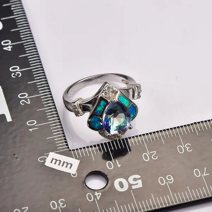 Blue Rainbow Topaz Blue Fire Opal 925 sterling silver Ring Size 6 7 8 9 10