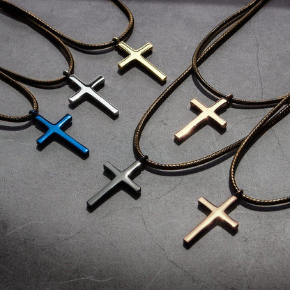 Stainless Steel Cross Necklace for Men - Cross Pendant with 18 Inch Adjustable Black Rope Cord - Mens Cross Necklaces