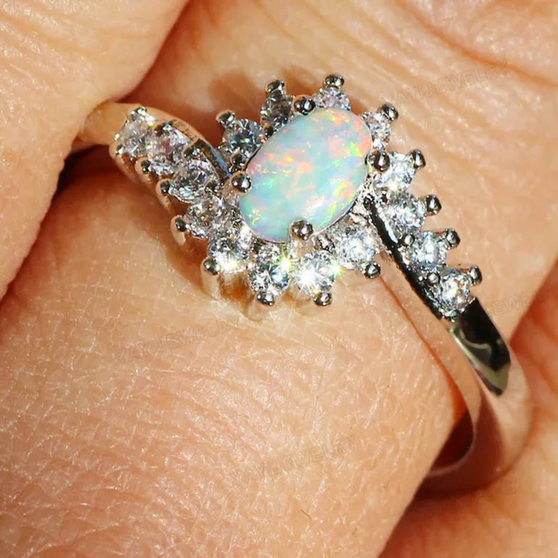 Exquisite Women's  Silver Ring Oval Cut Fire Opal Diamond Jewelry Birthday Proposal Gift Bridal Engagement Party Band Rings Size 5-12