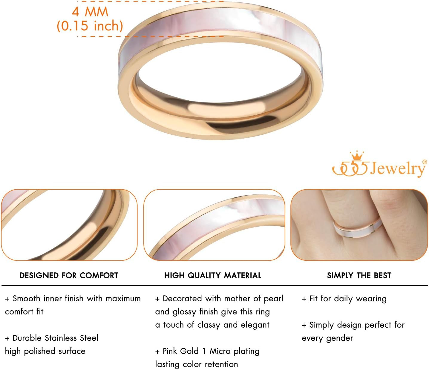 4Mm Mother of Pearl Abalone Shell Inlay Band Ring for Women & Girls