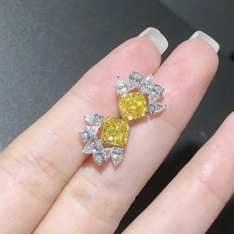 925 Sterling Silver Delicate Cushion Cut Citrine Stud Earrings for Women Party Proposal Waterdrop Diamond Earrings Jewelry