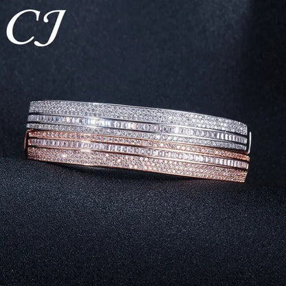 CANDICE New Fashion Simple Unisex Open Bangle Setting Sparkling CZ Stone Rose Gold & White Gold Plated Cuff Bracelet Jewelry for Women Men Couple Gift