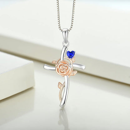 Cross Pendant Necklace 925 Sterling Silver Rose Flower Necklace Gemstones Flower Jewelry for Women