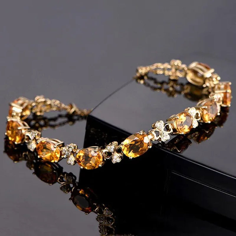 Simple 18K Golden Plated Copper Oval Citrine Jewelry Set Pendant Necklace Four Prong Adjustable Open Ring Micro Inlaid Cubic Zirconia Stud Earrings Flower Zircon Bracelet for Women Gifts Accessories