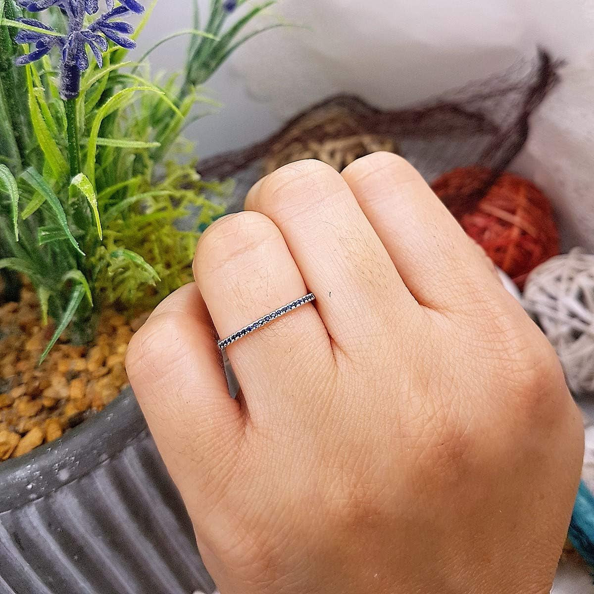 0.08 Cttw 10K round Blue Sapphire Womens Dainty Anniversary Wedding Stackable Ring, Solid White Gold