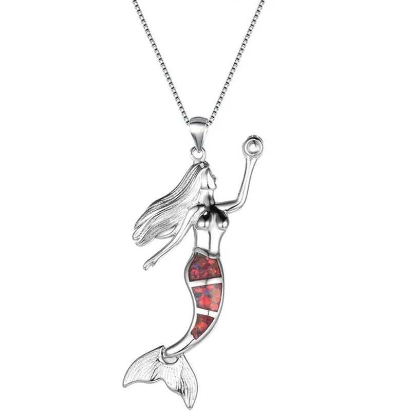 Heat! New Fashion Mermaid Fire Opal 925 Silver Pendant Necklace Bridal Personality Glamour Wedding Jewelry  5 colors